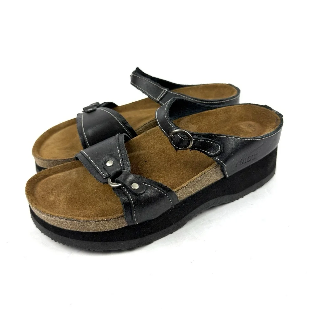 Naot Sandals 38 Black Leather Comfort Platform Slides Womens 7 Made In Israel